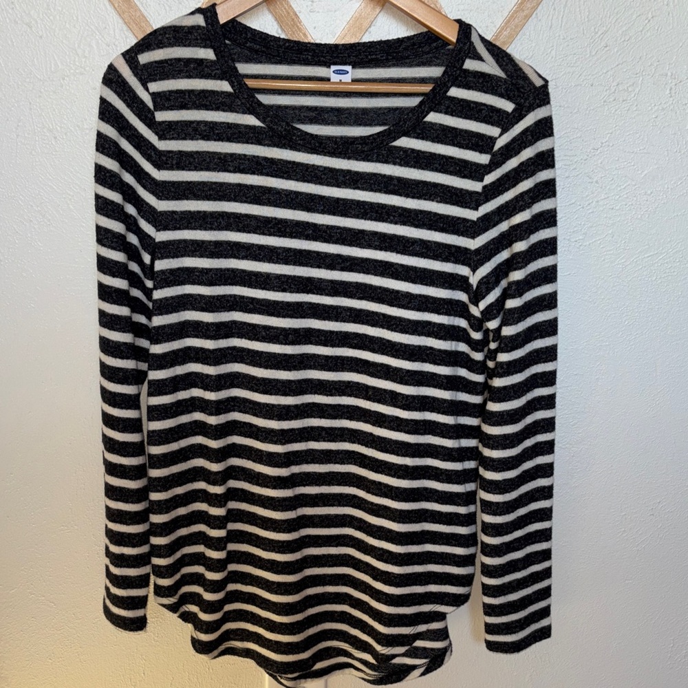 Old Navy Black and Cream Stripe Long Sleeve Crew Top